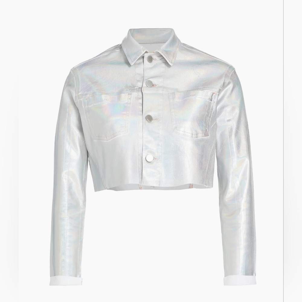 L'AGENCE Wesley Holographic Iridescent Silver Cropped Jacket Sm New